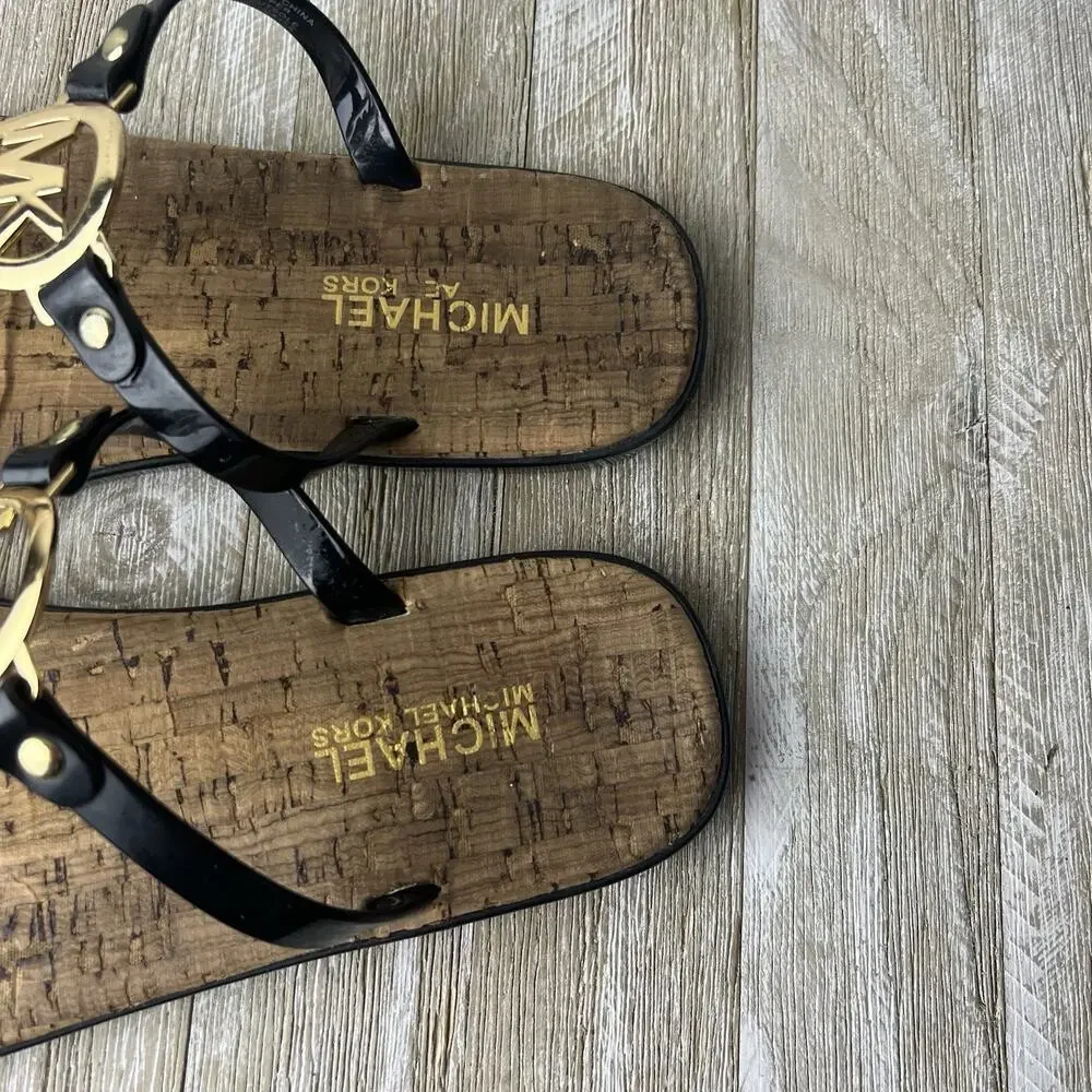MICHAEL KORS Black Jelly Cork Thongs Flat Sandals Size 7 MK Gold Logo Flip Flops